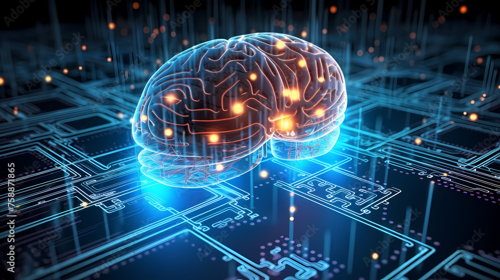 Particles connected in shape of human brain, connection network, artificial intelligence or brain computer interface concept Particles connected in shape of human brain, connection network, artificial intelligence or brain computer interface concept