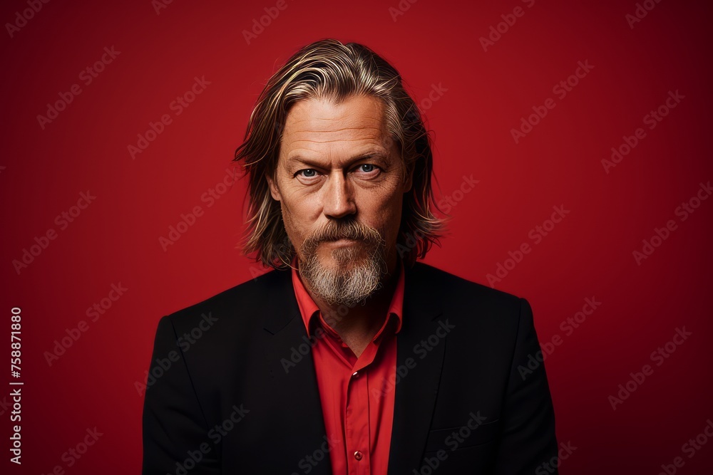 Portrait of a handsome mature man in a black suit on a red background. Portrait of a handsome mature man in a black suit on a red background.