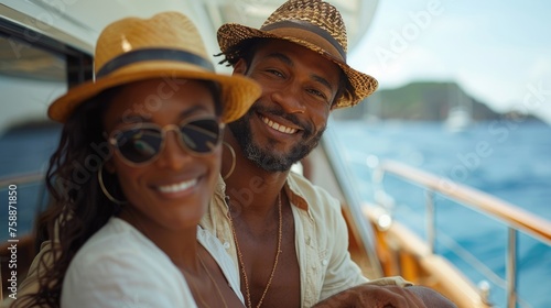 Couple in summer hats smiling on a yacht. Outdoor portrait with sea background.