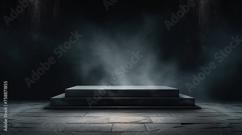 Black stylish podium on a black background with smoke and light from spotlights, for goods. Commercial Image for Sale Banner photo