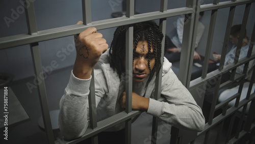 Angry African American teenage prisoner stands in prison cell in jail, holds metal bars. Young inmates play cards on bed in the background. Youth detention center or correctional facility. High angle.