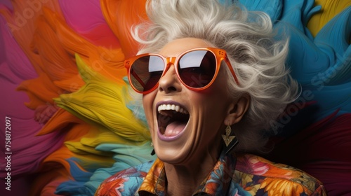 Joyful senior woman with vibrant makeup and oversized sunglasses.