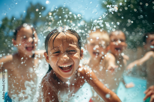 A group of children, playing and laughing in a sprinkler, with a blurred background of trees and blue sky © Florian