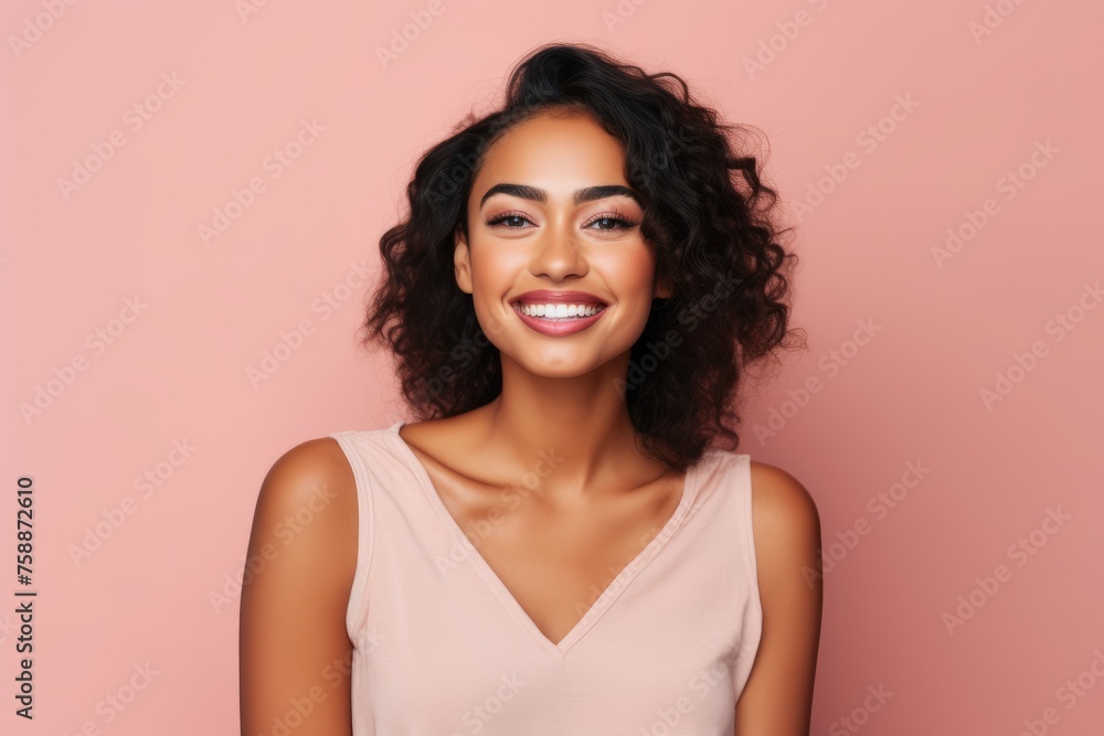 Beauty portrait of smiling african american woman on pink background Beauty portrait of smiling african american woman on pink background