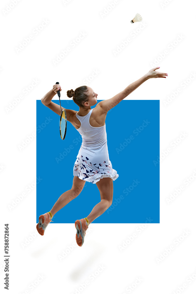 Poster. Motivated athlete in motion, young girl, badminton player hitting shuttlecock in jump isolated on white background with blue element. Professional sport, active lifestyle, hobby, game concept Poster. Motivated athlete in motion, young girl, badminton player hitting shuttlecock in jump isolated on white background with blue element. Professional sport, active lifestyle, hobby, game concept