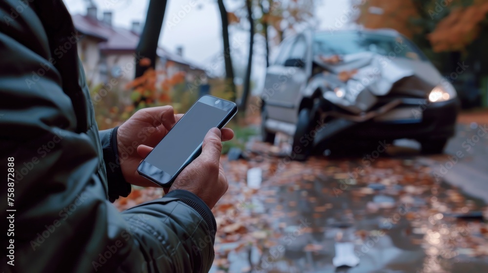 Young man uses a mobile phone to call the mechanic while looking at broken down car on road. Young man uses a mobile phone to call the mechanic while looking at broken down car on road.