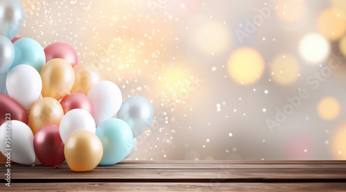 Empty wooden board on the background of airy multi-colored balloons, golden bokeh. Festive background for birthday, anniversary, holiday. Background for product presentation and demonstration.