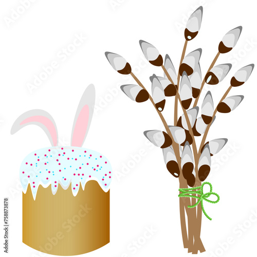  Easter cake with bunny ears sticking out, next to it is a bouquet of willow branches