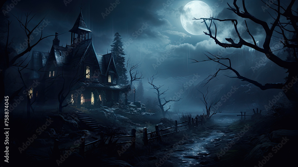 Haunted halloween house in the woods with moonlight