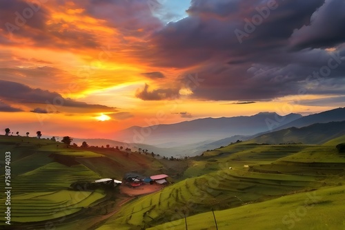 Kisoro Uganda beautiful sunset over mountains and hills of pastures and farms in villages of Uganda. Amazing colorful sky and incredible landscape to travel and admire the beauty of nature in Generati © Jaon