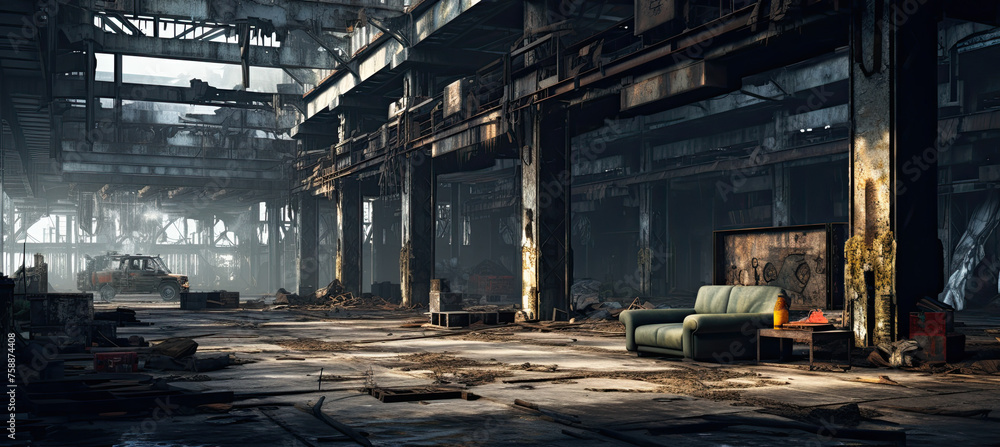 Interior of a post apocalyptic modren building with daylight Interior of a post apocalyptic modren building with daylight