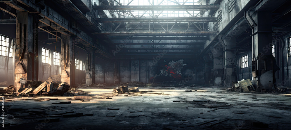 Interior of a post apocalyptic modren building with daylight