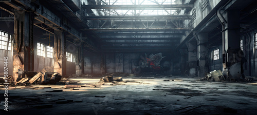 Interior of a post apocalyptic modren building with daylight