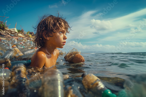 Children child kids bathes in a tropical sea sand beach polluted with plastic bottles. The concept of the future of the children of mankind, the resolution nature biosphere water. 