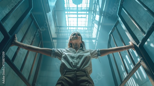 Kobieta o rozpostartych ramionach stoi w wąskim korytarzu więziennym, zamykając drzwi z kratami. Mroczna scena braku wolności. photo