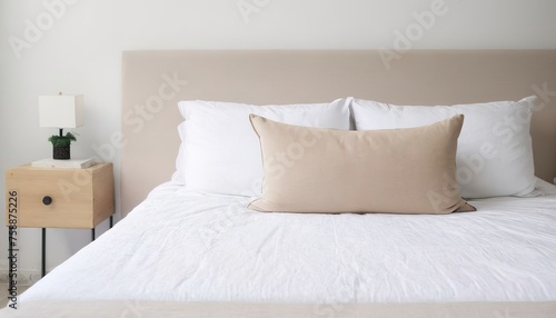 Beige cushion on white bed photo