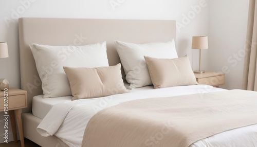 Beige cushion on white bed