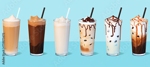 Milk and chocolate syrup drinks on pastel blue background