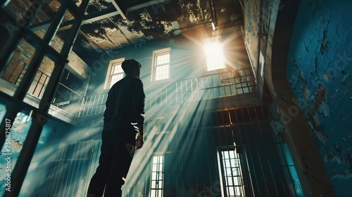 Mężczyzna stoi w strefie celi więziennej, otoczony metalowymi kratami i surowymi ścianami. Wygląda na zamyślonego lub zaniepokojonego, gdy patrzy na promyk nadziei wpadający przez okno. photo