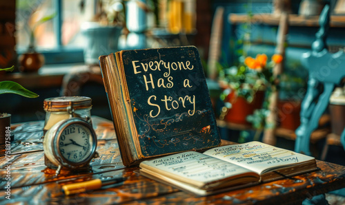 Inspirational message Everyone Has a Story displayed on a notebook with a pen, clock, and notepads on a desk, evoking storytelling and personal journeys