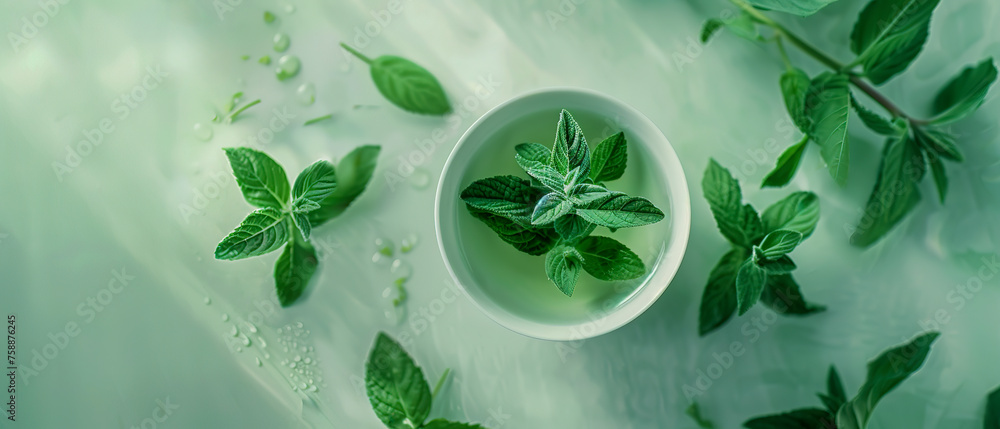 Top view of a white bowl with green herbs and a green background Top view of a white bowl with green herbs and a green background