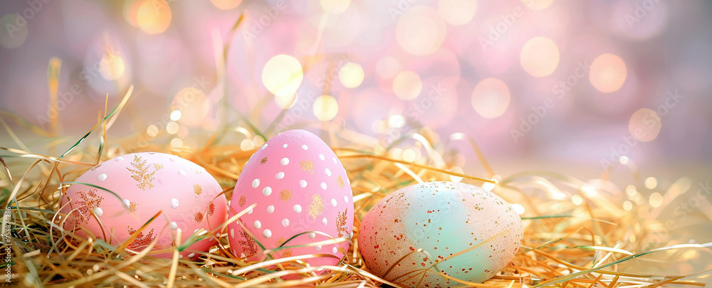 Easter holiday concept with many pastel colored eggs in straw and grass. Image with copyspace. Easter holiday concept with many pastel colored eggs in straw and grass. Image with copyspace.