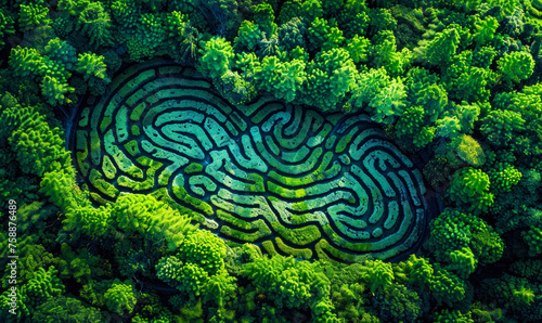 Aerial shot of a forest with intricate fingerprint-like pathways symbolizing human impact on nature and the importance of environmental stewardship