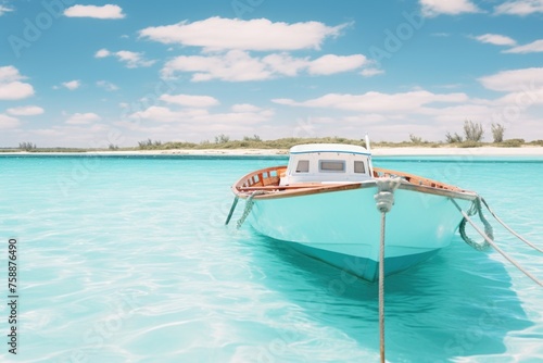 A serene scene of a boat anchored in clear blue water. Ideal for travel and vacation concepts