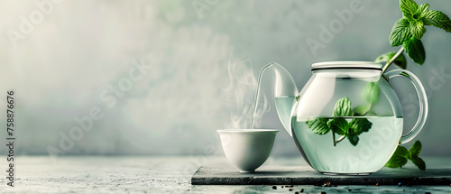 A teapot with a green plant inside and a cup of tea next to it, blurred background