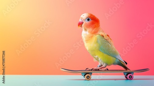 Colourful love bird chick on a skateboard on a colorful background photo