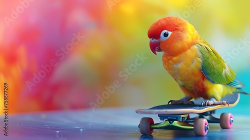 Colourful love bird chick on a skateboard on a colorful background