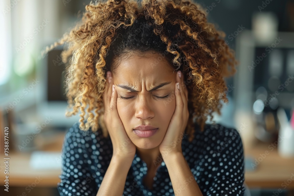 Woman with curly hair, eyes closed and hands on her temples, expressing the discomfort of a headache Woman with curly hair, eyes closed and hands on her temples, expressing the discomfort of a headache