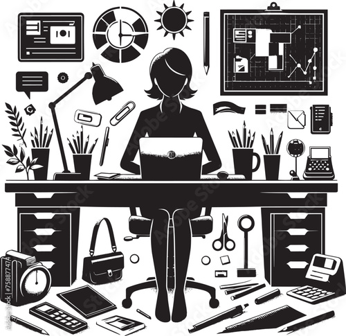 A captivating silhouette showcasing a person at a well-organized desk, embodying efficiency and productivity in a serene workspace environment.