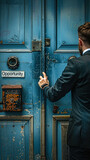 Man in a business suit reaching for a door knocker on a vintage door with a sign reading Opportunity, depicting the moment of seizing a chance