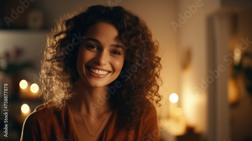 A woman with curly hair smiling at the camera. Suitable for various projects