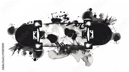 A skateboard depicted in black and white with watercolor-like stains evoking the aesthetic. Image that can be printed on t-shirts  paintings  hats and bags.