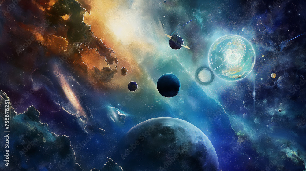 The artwork is a print of galaxies, planets and cosmic energies converging towards a sparkling celestial core. Image that can be printed on t-shirts, paintings, hats and bags. The artwork is a print of galaxies, planets and cosmic energies converging towards a sparkling celestial core. Image that can be printed on t-shirts, paintings, hats and bags.