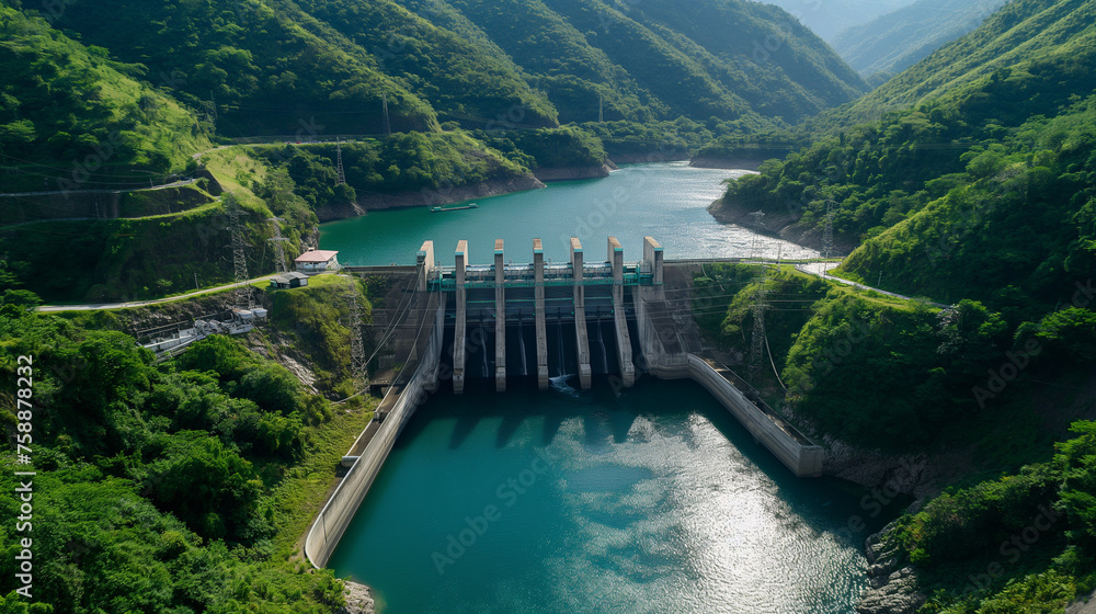 An aerial view of a hydroelectric dam nestled in a verdant mountain valley, its massive structure harnessing the power of a river.