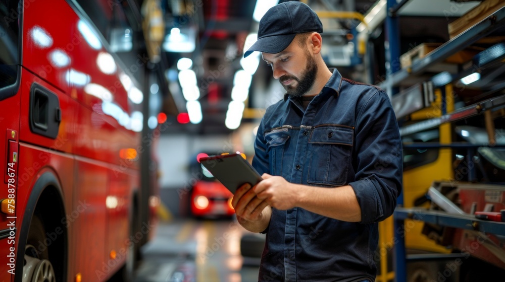 Obraz premium Professional bus mechanic working in vehicle repair service.