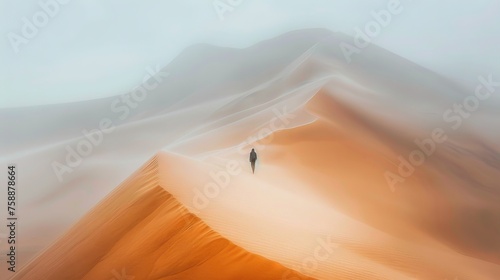 Solitary figure walking on vast sand dunes. Ethereal desert landscape photography with soft light and a sense of adventure and isolation. Travel and exploration theme suitable for wall art