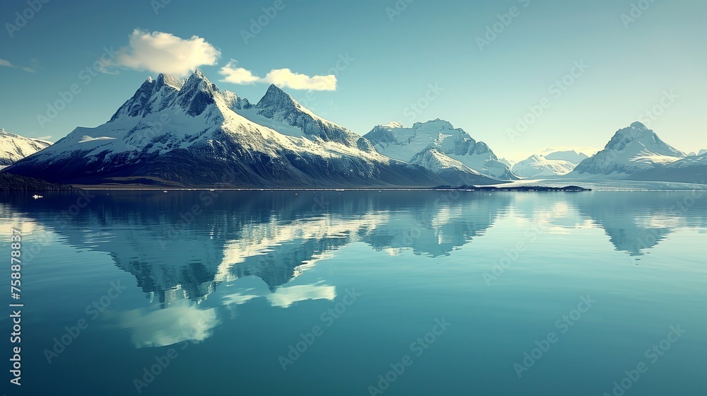 Beautiful mountain range with snowcapped peaks reflecting in the calm waters of an arctic lake.