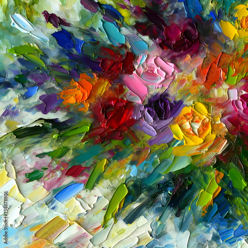 Vibrant abstract oil painting with thick strokes and colorful flowers. Artistic expression and creativity concept. Design for gallery wall  art class poster