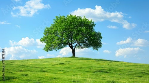 Green tree on the grassy hill under blue sky with white clouds beautiful landscape wallpaper.