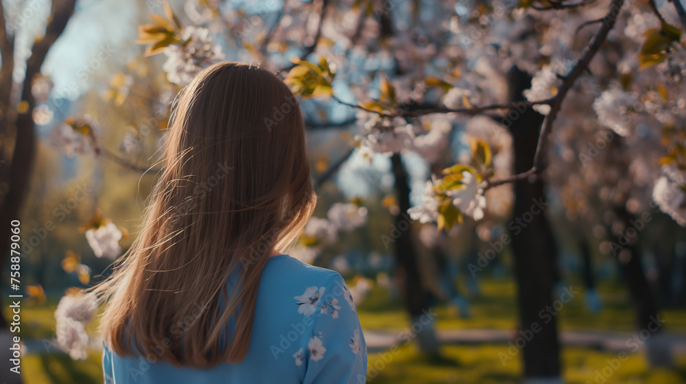 Spring concept. A photo of the woman outside, whose hair was swaying in the wind, was taken from behind. Woman walking outside on a beautiful sunny spring day. Spring concept. A photo of the woman outside, whose hair was swaying in the wind, was taken from behind. Woman walking outside on a beautiful sunny spring day.