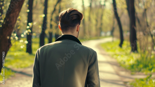 Spring concept. A photo of the man outside was taken from behind. Man walking outside on a beautiful sunny spring day.