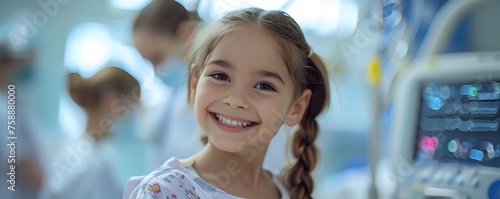A young girl is smiling in a hospital bed. She is wearing a pink and white dress. The room is filled with medical equipment
