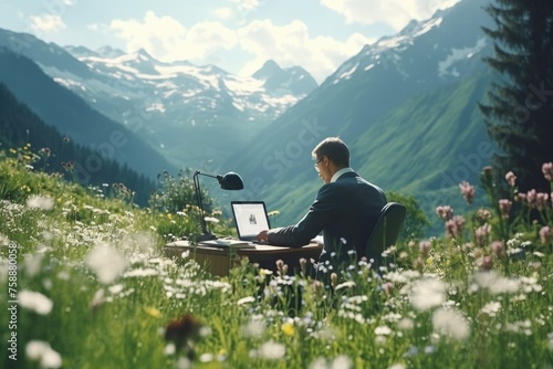 A man sitting at a desk with a laptop in a field of flowers. Suitable for remote work concepts photo