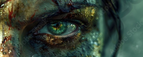 A close up of a person's eye with a greenish tint. The eye is surrounded by a blurry, messy area, giving the impression of a wild, untamed look