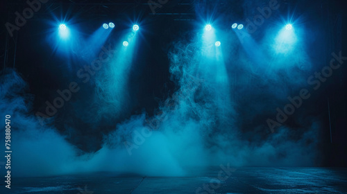 dark stage with blue spotlights and smoke. Dark background for product presentation  concert poster or dance show banner