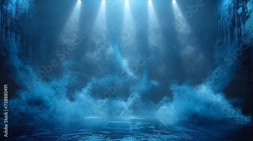 dark stage with blue spotlights and smoke. Dark background for product presentation, concert poster or dance show banner